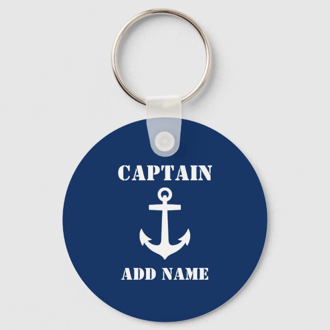 Anchor Captain Add Name or Boat Name Navy Blue Keychain (Front)