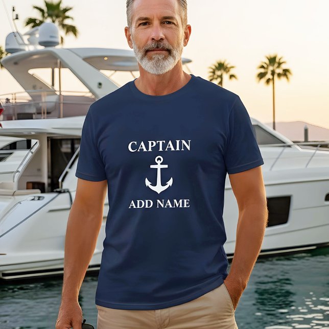 Anchor Captain Add Name or Boat Name Navy Blue T-Shirt (Creator Uploaded)