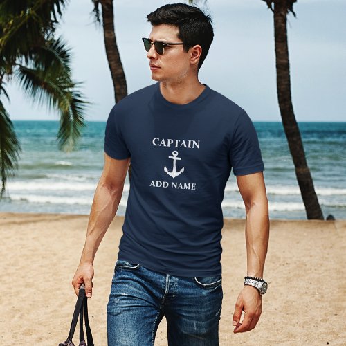 Anchor Captain Add Name or Boat Name Navy Blue T_Shirt