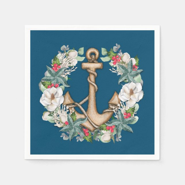 Anchor & Christmas Wreath | Dark Teal Napkins (Front)
