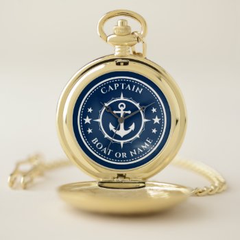 Anchor Compass Stars Captain Boat Or Name Navy Pocket Watch by AnchorIsle at Zazzle
