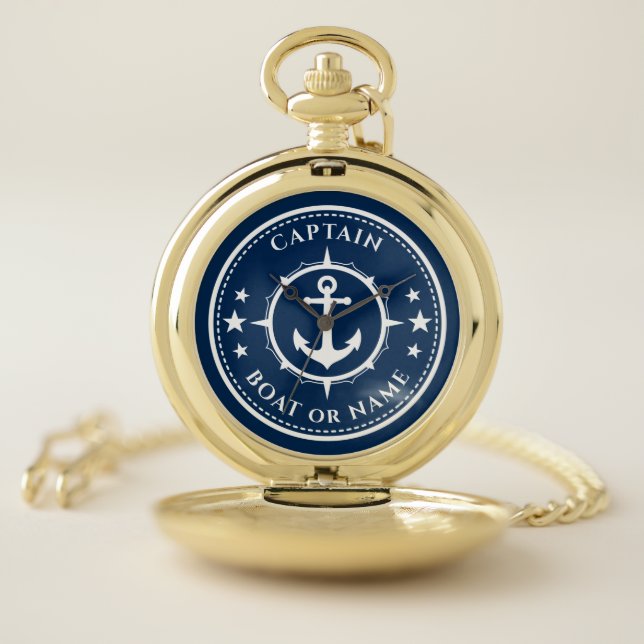 Anchor Compass Stars Captain Boat or Name Navy Pocket Watch (Inside)