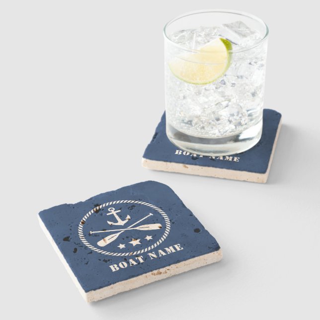 Anchor & Crossed Oars With Your Boat Name on Blue Stone Coaster (Side)