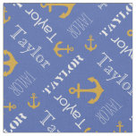Anchor custom name gold blue nautical text fabric