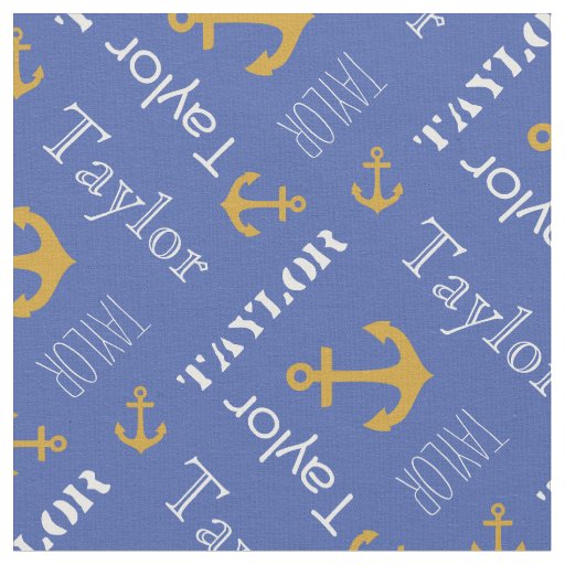 Anchor custom name gold blue nautical text fabric
