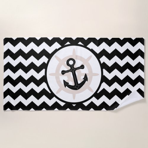 Anchor Design Black Zigzag Striped Beach Towel