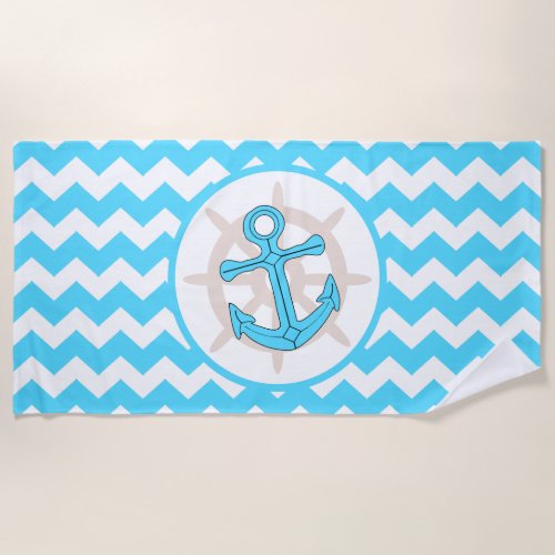 Anchor Design Blue Zigzag Striped Beach Towel