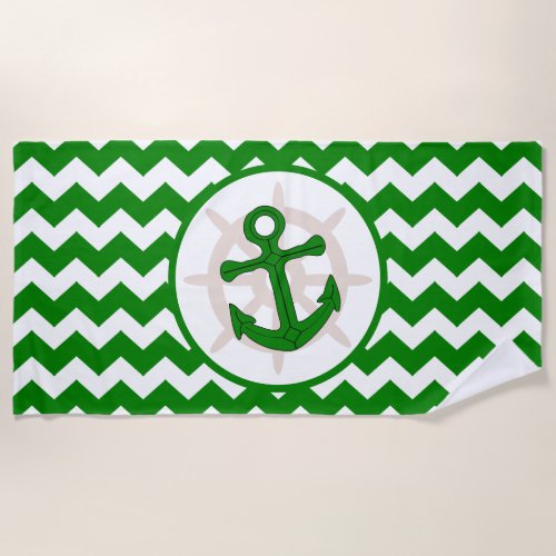 Anchor Design Green Zigzag Striped Beach Towel