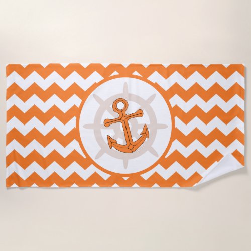 Anchor Design Orange Zigzag Striped Beach Towel