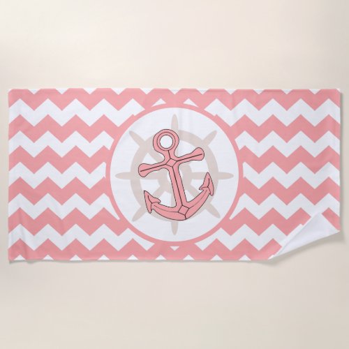 Anchor Design Pink Zigzag Striped Beach Towel