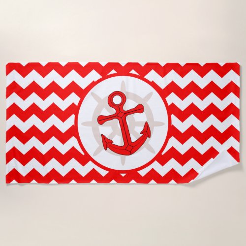 Anchor Design Red Zigzag Striped Beach Towel