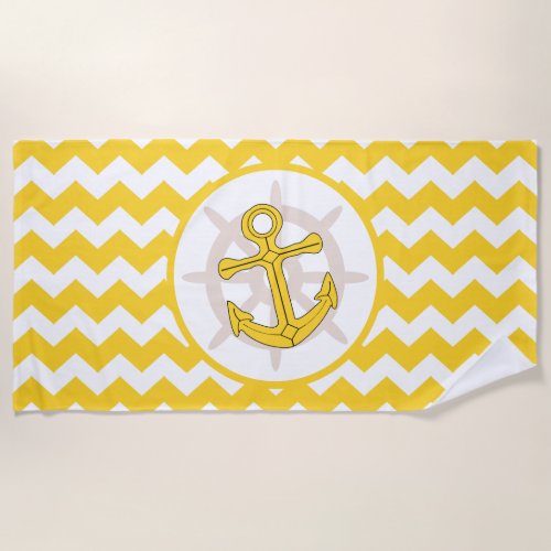 Anchor Design Yellow Zigzag Striped Beach Towel