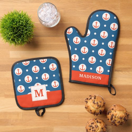 Anchor Dots Oven Mitt  Pot Holder Set