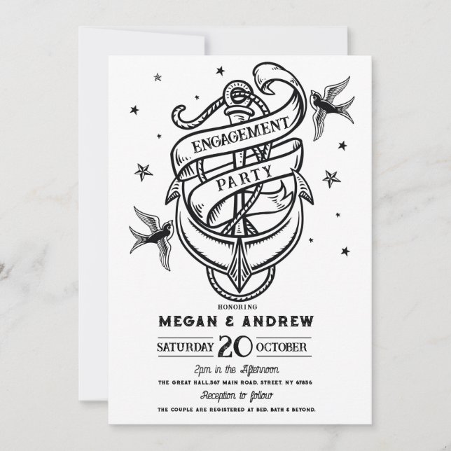 Anchor Engagement Party Traditional Tattoo Invite (Front)