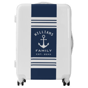 Anchor Family Name Nautical Navy Blue And White Luggage
