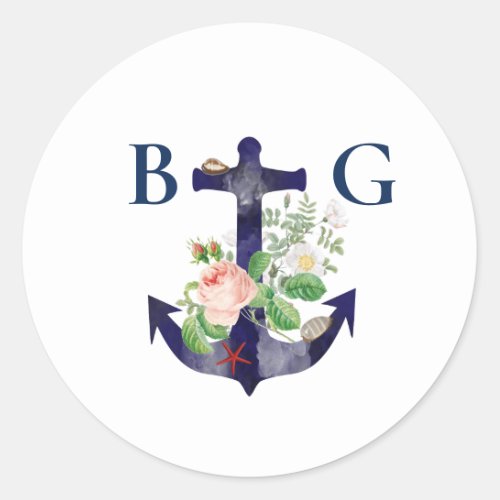 Anchor Floral Nautical Summer Wedding Favor Classic Round Sticker