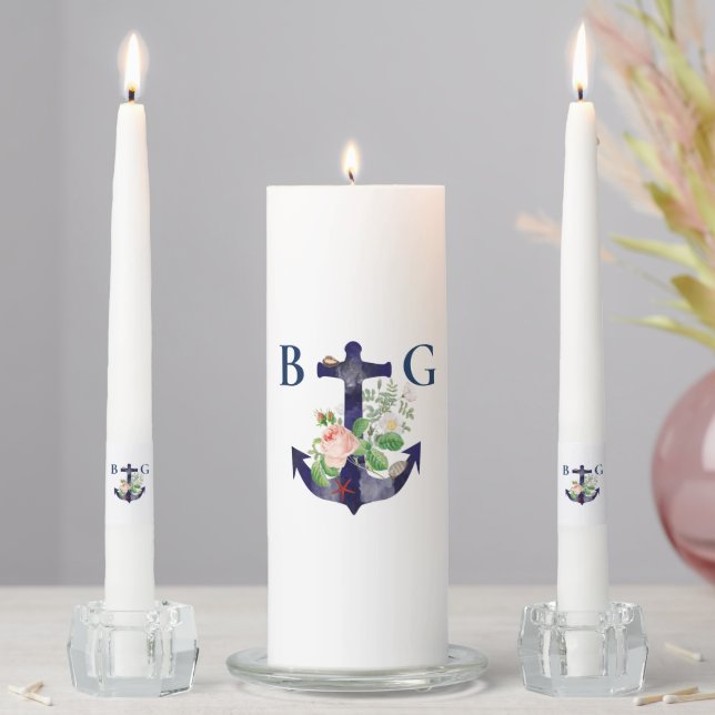 Anchor Floral Nautical Summer Wedding Favor Unity Candle Set (In Situ)