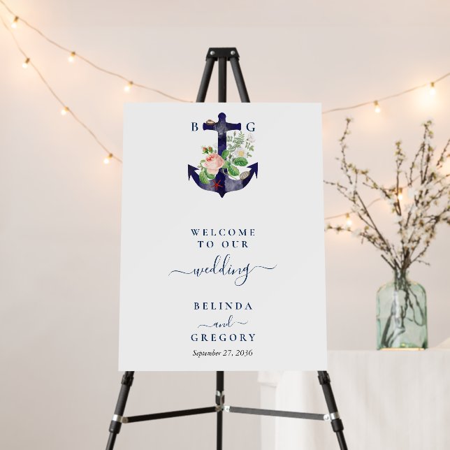 Anchor Floral Nautical Summer Wedding Welcome Foam Board (In Situ (Stand))