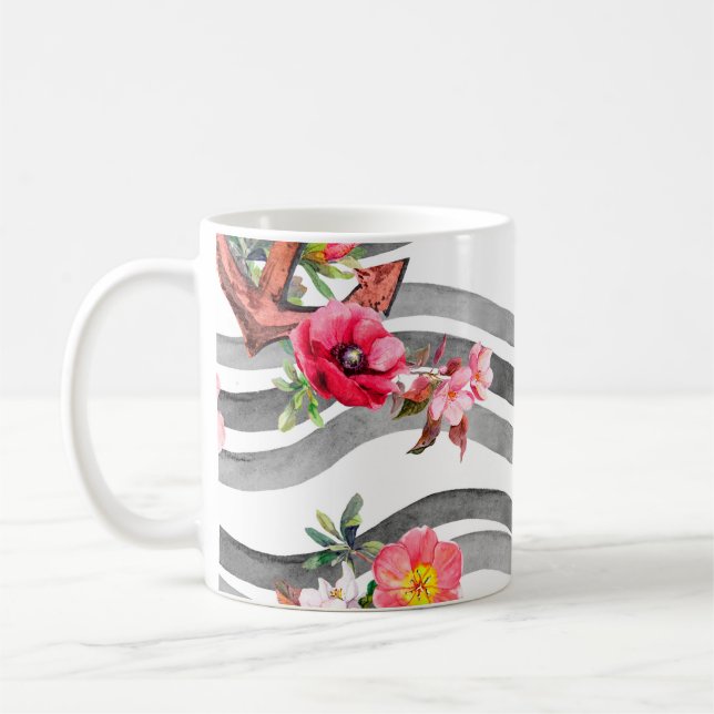 Anchor, flowers and sea waves. Seamless pattern wi Coffee Mug (Left)