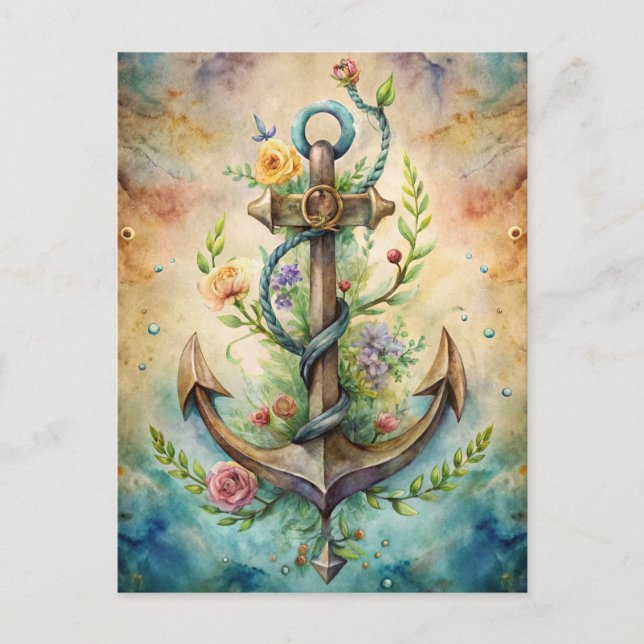 Anchor Flowers Ocean Nautical Pastel Coastal Postcard (Front)