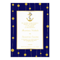 Anchor, gold beads navy blue nautical wedding card