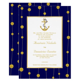 Anchor, gold beads navy blue nautical wedding invitation