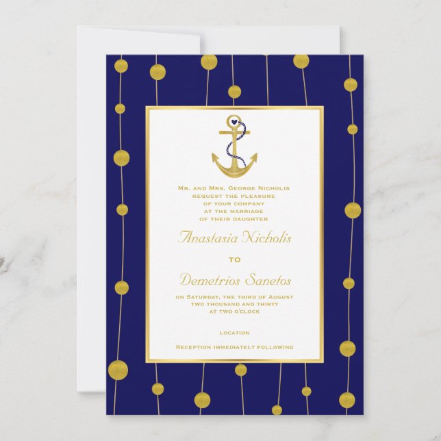 Anchor, gold beads navy blue nautical wedding invitation (Front)