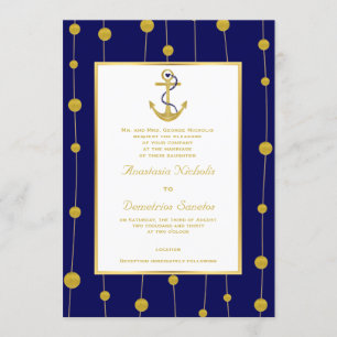 Anchor, gold beads navy blue nautical wedding invitation
