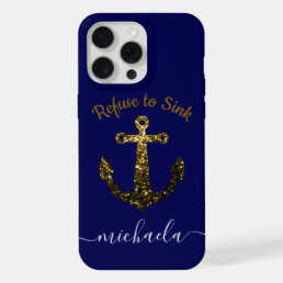 Anchor Gold faux sparkles navy blue Monogram name iPhone 15 Pro Max Case