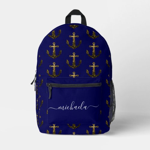 Anchor Gold faux sparkles navy blue Monogram name Printed Backpack