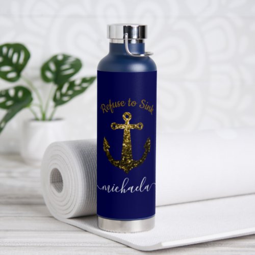 Anchor Gold sparkles navy blue Custom name text Water Bottle