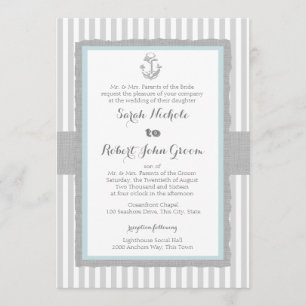 Anchor Grey Stripes Beach Wedding Invitation