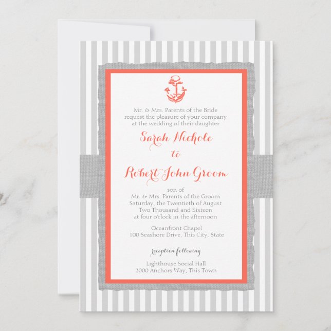 Anchor Grey Stripes Coral Wedding Invitation (Front)