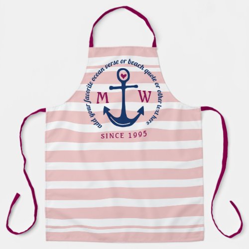 Anchor Heart Pink Stripes Nautical Monogram Logo Apron
