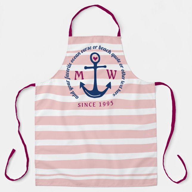 Anchor Heart Pink Stripes Nautical Monogram Logo Apron (Front)