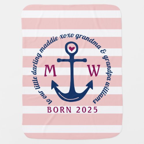 Anchor Heart Pink Stripes Nautical Monogram Logo Baby Blanket