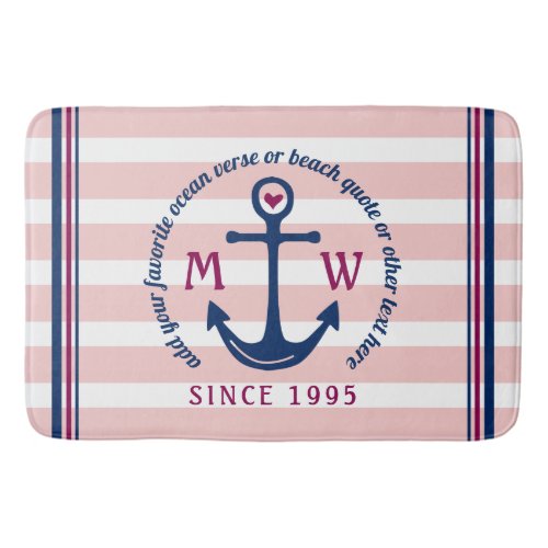 Anchor Heart Pink Stripes Nautical Monogram Logo Bath Mat