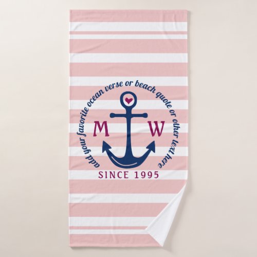 Anchor Heart Pink Stripes Nautical Monogram Logo Bath Towel