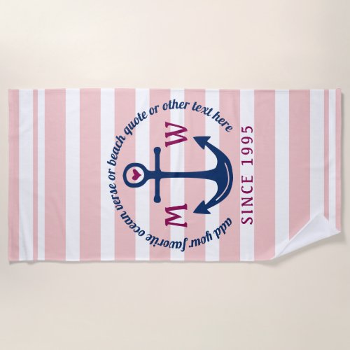 Anchor Heart Pink Stripes Nautical Monogram Logo Beach Towel