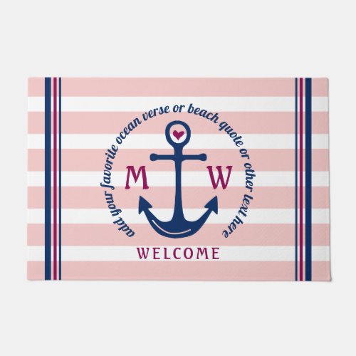 Anchor Heart Pink Stripes Nautical Monogram Logo Doormat
