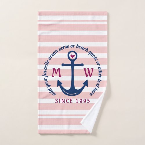 Anchor Heart Pink Stripes Nautical Monogram Logo Hand Towel