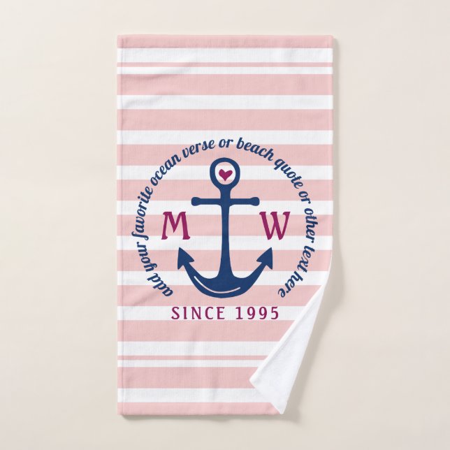 Anchor Heart Pink Stripes Nautical Monogram Logo Hand Towel (Hand Towel)