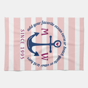 Anchor Heart Pink Stripes Nautical Monogram Logo Kitchen Towel
