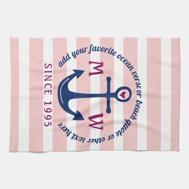 Anchor Heart Pink Stripes Nautical Monogram Logo Kitchen Towel (Horizontal)