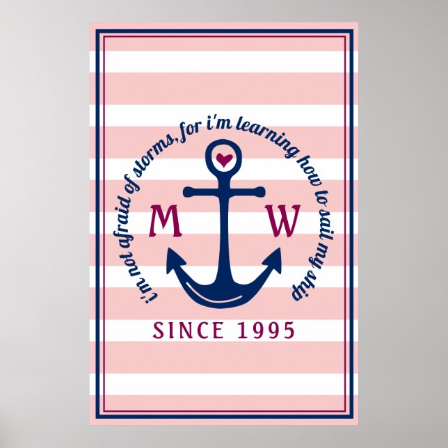 Anchor Heart Pink Stripes Nautical Monogram Logo Poster (Front)