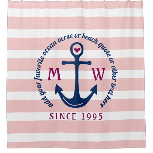 Anchor Heart Pink Stripes Nautical Monogram Logo Shower Curtain