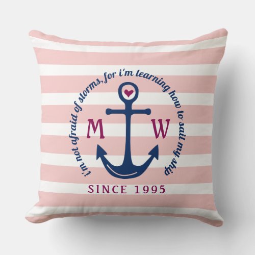Anchor Heart Pink Stripes Nautical Monogram Logo Throw Pillow