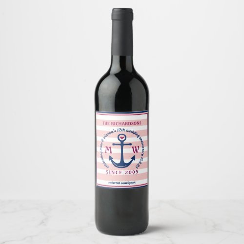 Anchor Heart Pink Stripes Nautical Monogram Logo Wine Label