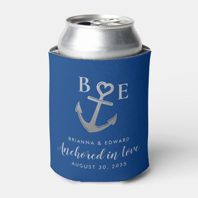 Anchor Heart Romantic Blue Nautical Wedding Silver Can Cooler (Can Front)