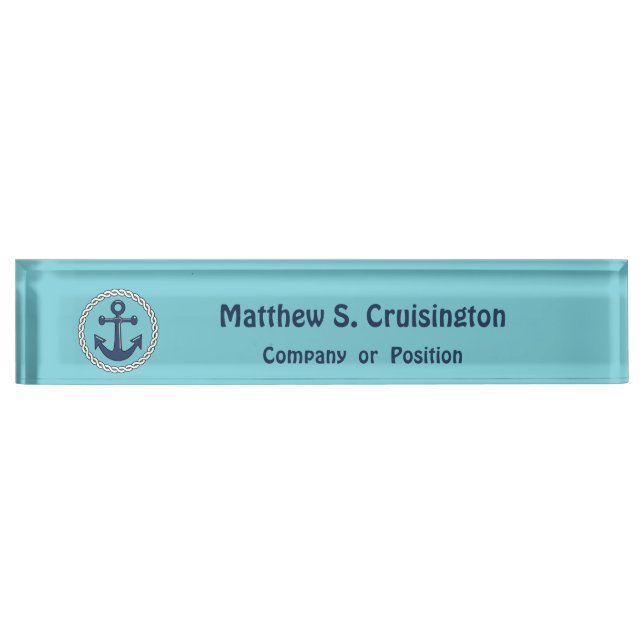 Anchor in Rope on blue Personalized Nautical Desk Name Plate (Front)